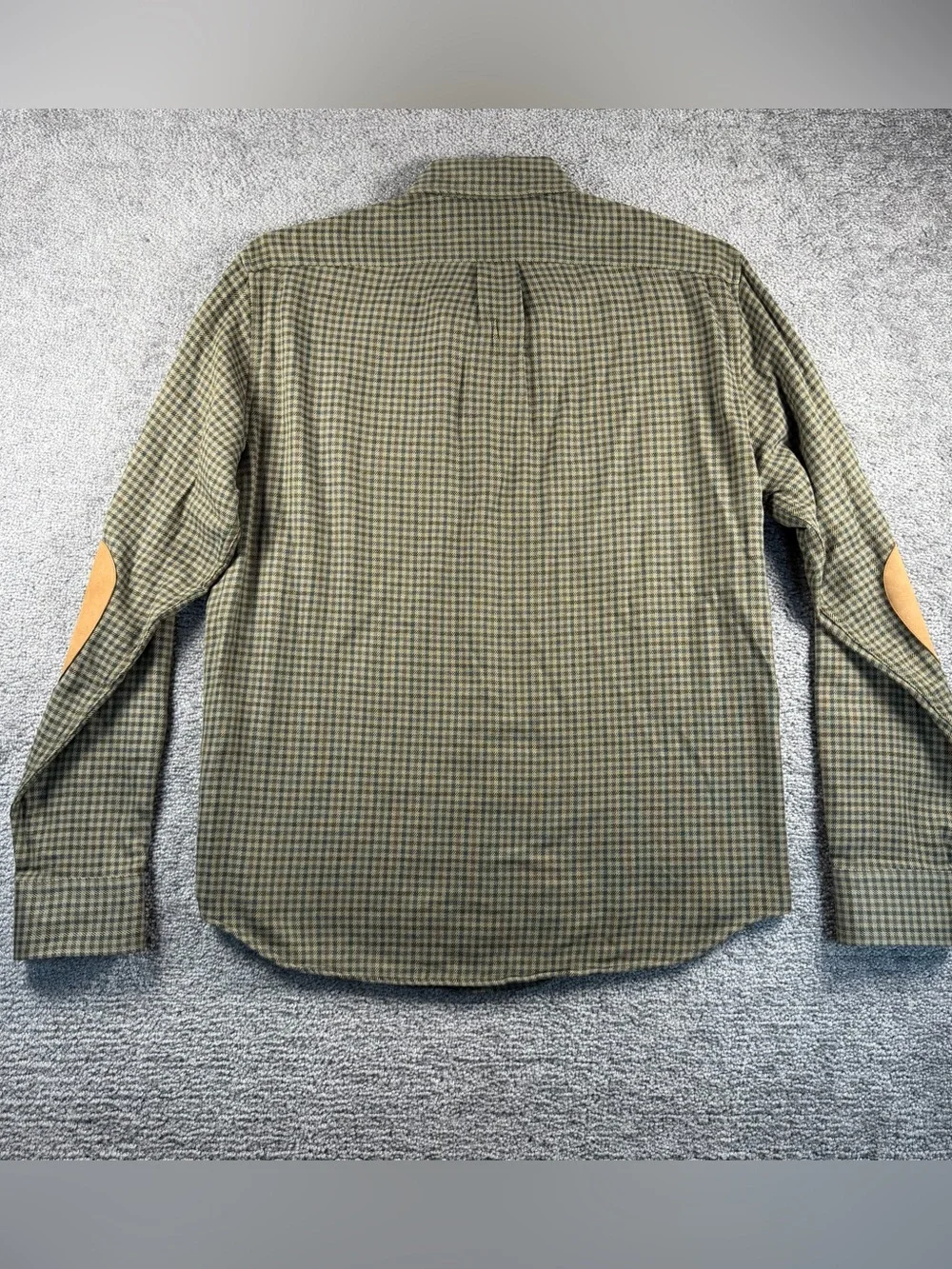 J Crew Houndstooth Flannel Shirt Mens Large Olive Green Plaid Elbow Patches Slim